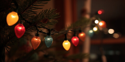 Colorful string of Christmas lights glowing warmly in dark, shallow depth of field. Celebration, nostalgia and warmth of holiday evenings in soft focus.