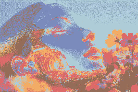 Surreal portrait blending vibrant floral elements with a serene face.