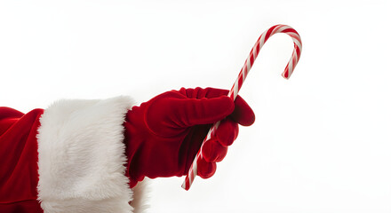 Santa’s hand holding a candy cane, isolated on white — playful and bright for Christmas visuals.