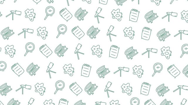 Microscopes, magnifying glasses, and notebooks combine in a scientific pattern perfect for educational materials or science themed designs.