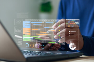 Businessman analyzing project schedule on laptop with digital Gantt chart and data analytics dashboard. Concept for project management, workflow optimization and productivity planning.