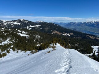 Wonderful winter hiking trails and traces on the fresh alpine snow cover of the Swiss Alps and UNESCO Biosphere Entlebuch, Switzerland - Herrliche Winterwanderwege und Spuren auf der frischen Schneede
