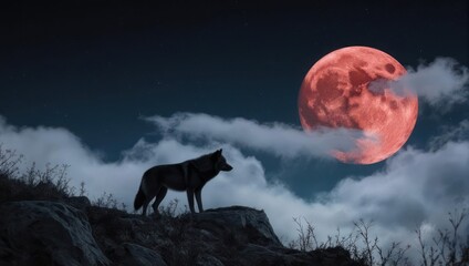 Wolf howling at blood moon on a cloudy night.