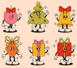 Fototapeta premium Christmas mascots characters in retro groovy style.