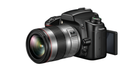 Professional digital camera with lens isolated against a transparent background