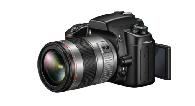 Professional digital camera with lens isolated against a transparent background