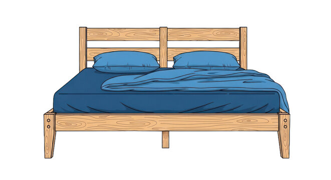 Wooden bed with blue bedding on a transparent background vector illustration