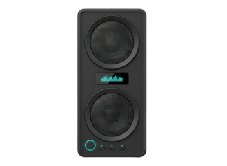 Modern Black Speaker System with Dual Mesh Grills and Blue LED Accent Lights Isolated on Transparent Background