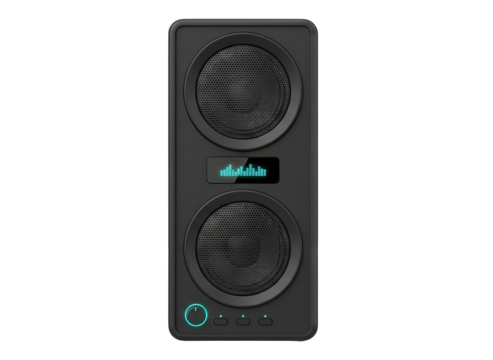 Modern Black Speaker System with Dual Mesh Grills and Blue LED Accent Lights Isolated on Transparent Background