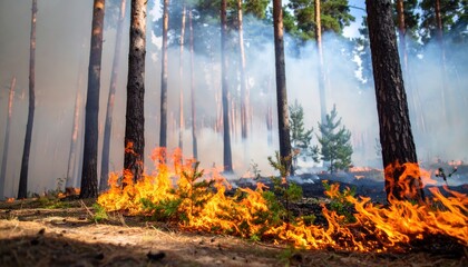 Forest fire with vibrant orange flames and dense smoke consuming pine trees and undergrowth in a dry natural environment.