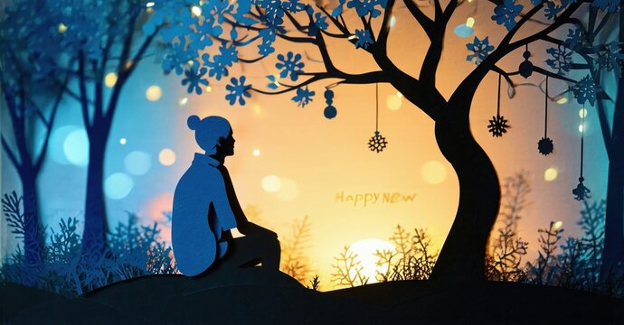 Silhouette sits beneath trees. Warm sunset glows behind branches. Winter scene evokes peaceful reflection, happy new year message visible.