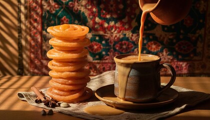Pouring Masala Chai into a cup with Jalebi on the side