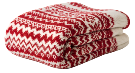 A soft, warm red and white knitted blanket with a traditional Nordic geometric pattern, neatly folded and isolated on a transparent background