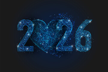 Abstract isolated blue image of new year number 2026. Polygonal low poly wireframe illustration looks like stars in the black night sky in space or flying glass shards. Digital web, internet design.