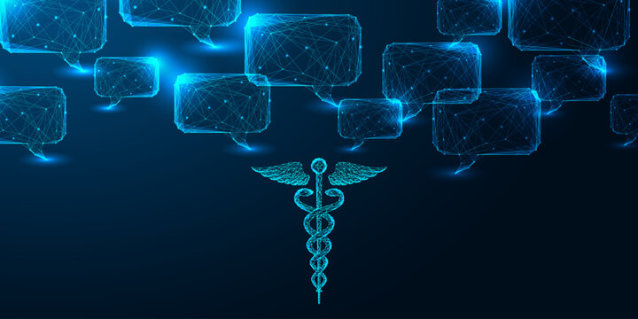 Digital healthcare and AI medicine concept with caduceus symbol and chatbot communication