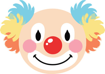 A simplistic, cute cartoon vector illustration of a clown's head with a minimal, smiling facial expression, featuring pale skin, a bright red nose with a highlight,