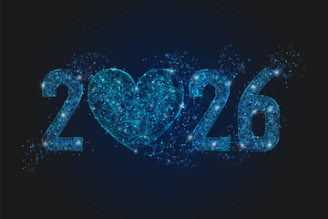 Abstract isolated blue image of new year number 2026. Polygonal low poly wireframe illustration looks like stars in the black night sky in space or flying glass shards. Digital web, internet design.