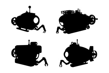 Fototapeta premium Silhouettes of various submarines with robotic arms on white background.