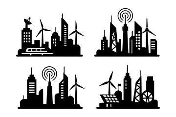 Futuristic urban skylines with wind turbines and solar panels.