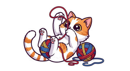 Playful kitten with yarn ball cartoon style dynamic pose transparent background