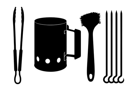 Essential bbq tools: chimney starter, tongs, brush, skewers set for grilling.