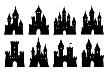 Obraz premium Black silhouette set of medieval castles with towers and flags.