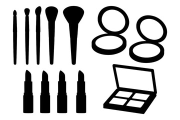 Silhouette of makeup tools: brushes, lipsticks, compacts, and eyeshadow palette.