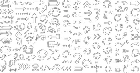 Hand drawn sketchy arrow set, black doodle arrows with swirls, curves, and dashed lines, vector design elements on white background