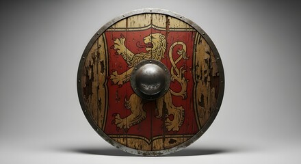 A detailed close-up of an ancient round wooden shield featuring a painted golden lion emblem on a red background. The surface shows signs of age and battle damage, with chipped paint and worn wood, su
