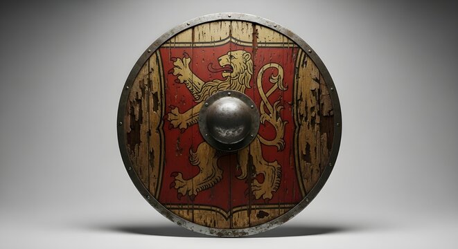 A detailed close-up of an ancient round wooden shield featuring a painted golden lion emblem on a red background. The surface shows signs of age and battle damage, with chipped paint and worn wood, su
