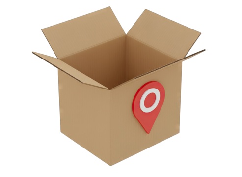 Open Cardboard Box with Red Location Pin Icon Isolated on Transparent Background for Delivery and Shipping Services - Powered by Adobe