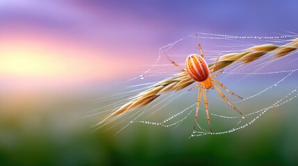 Close Up Macro Of A Striking Orange Spider With White Stripes Resting On A Dew Covered Grass Stalk At Sunrise With Soft Purple And Pink Sky Background Out Of Focus