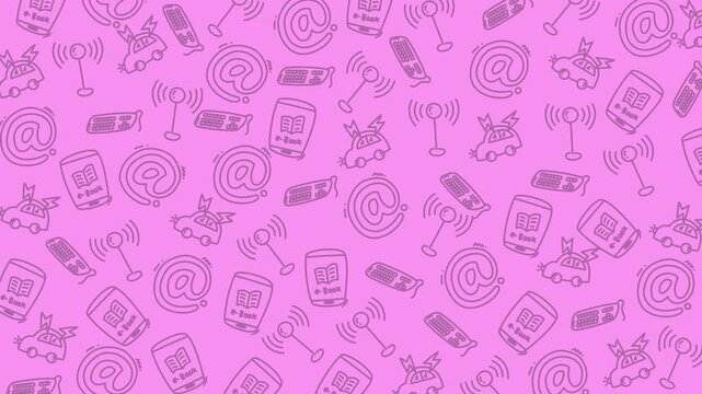 Allover pattern features tech and communication symbols. Ideal for backgrounds, textiles, and digital design projects needing a modern touch.