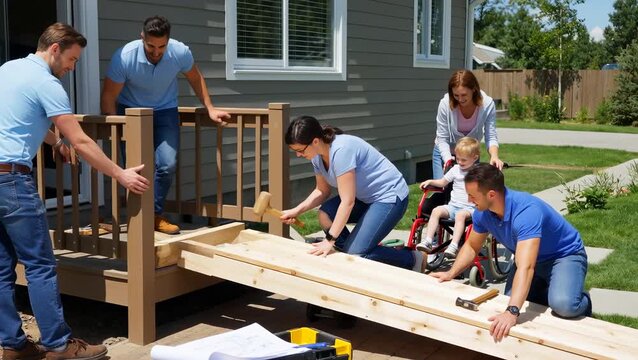 Community Volunteers Building Accessible Ramp for Family with Child in Wheelchair