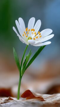 Delicate White Flower with Yellow Stamens and Green Stem Covered in Water Droplets on a Blurry Forest Floor Background in Soft Morning Light