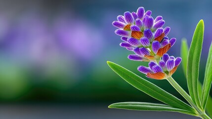 Naklejka premium High Resolution Macro Photo of a Lavender Flower with Dew Drops on Green Leaves and a Soft Bokeh Background of Purple and Green Hues in Natural Sunlight