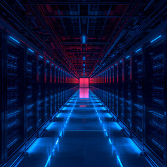 Obraz premium Symmetrical futuristic data center corridor with glowing blue neon lights and a red portal at the end