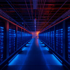 Fototapeta premium Long corridor of glowing blue server racks in a modern data center with dramatic artificial lighting