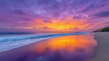 Fototapeta premium Vibrant tropical sunset over tranquil ocean waters with colorful purple and orange clouds reflecting on wet sand beach creating a serene coastal landscape scene