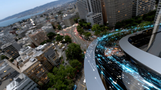 A captivating aerial view of a bustling urban landscape at dusk, enhanced by futuristic light trails that illustrate movement and energy in a modern city setting.