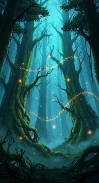 Enchanted Forest with Glowing Fireflies and Ancient Trees in Soft Green and Blue, Fantasy Vertical Background