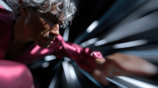 A close-up of a determined male figure in vibrant attire, capturing the essence of focus and motion against a backdrop of striking energy lines.