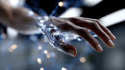 A detailed view of a human hand reaching out, interacting with ethereal light strands that spark a sense of connection and human emotion in a digitally crafted atmosphere.