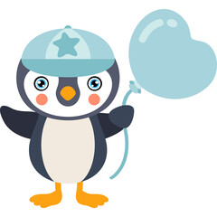 Cute Cartoon Penguin Character Wearing Blue Cap Holding A Light Blue Heart Shaped Balloon With A Transparent Background