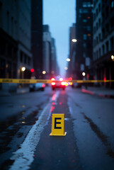 Yellow crime scene evidence marker 'E' on wet city street at night, with blurred police lights and crime scene tape in background, depicting an urban investigation.