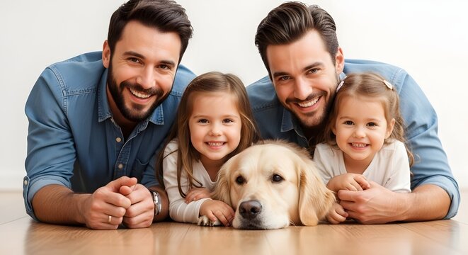 Happy family portrait: two fathers, two young daughters, and a Golden Retriever dog, all smiling and lying on the floor.