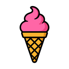Pink ice cream cone icon with waffle texture on white background.
