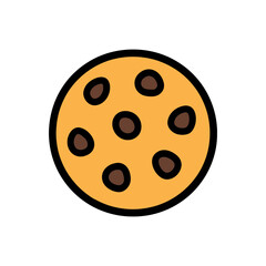 Cartoon chocolate chip cookie icon with black outline.