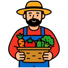 Smiling cartoon farmer with fresh produce basket.