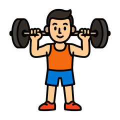 Cartoon male weightlifter lifting barbell in colorful workout attire.